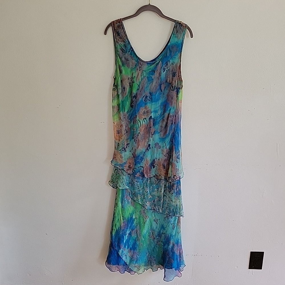 Vintage Phool Tiered Chiffon Maxi Dress XL Abstract Sleeveless Fairy Feminine